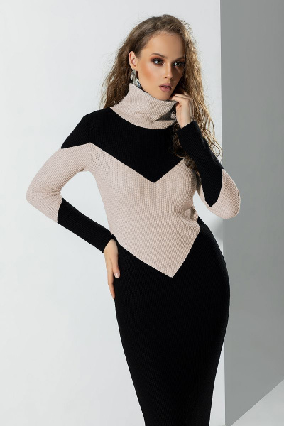Платье из трикотажа с длинным рукавом и стойкой-отложным воротником Diva 1473-1 черный/бежевый - фото 2