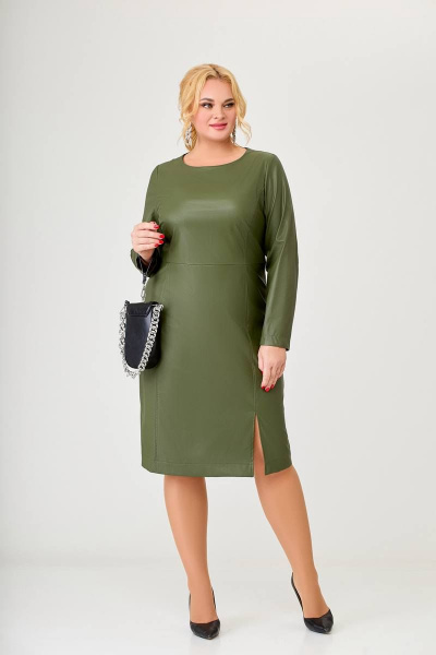 Платье из экокожи с рельефами и разрезом в полустиле Swallow 630 зеленый - фото 4