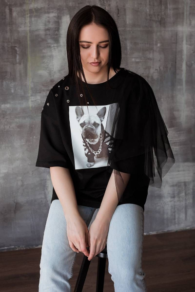 Майка свободного кроя из сетки и хлопка с принтом бульдог BUNABOUTIQUE 2055 - фото 1