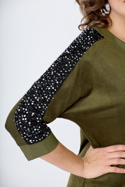 Платье из хлопка с пайетками и реглан-рукавами Solomeya Lux 763 хаки - фото 2