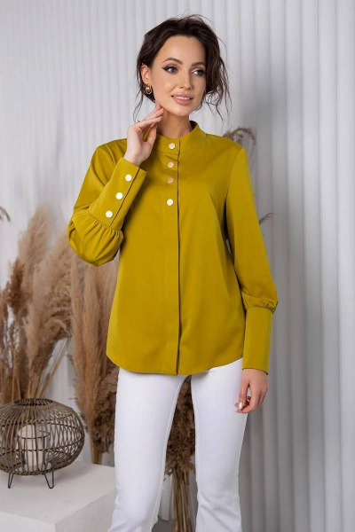 Блуза из экошелка с объемным рукавом и фигурной стойкой Daloria 6134 оливковый - фото 8