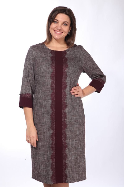 Платье с кружевом и рукавами 3/4 для делового образа Lady Style Classic 1509 бордовый_с_серым - фото 3