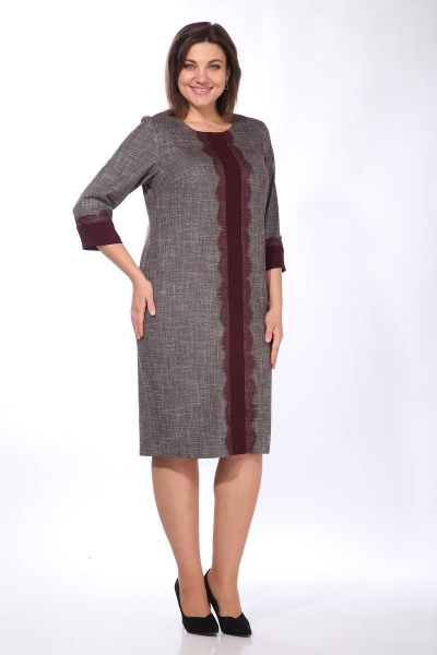 Платье с кружевом и рукавами 3/4 для делового образа Lady Style Classic 1509 бордовый_с_серым - фото 2