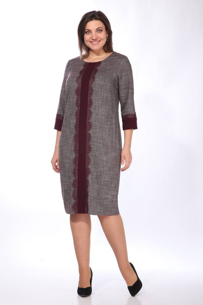Платье с кружевом и рукавами 3/4 для делового образа Lady Style Classic 1509 бордовый_с_серым - фото 1