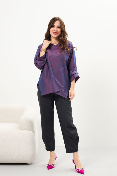 Демисезонная фиолетовая блуза с эффектом хамелеон и запахом Anastasia 959 фиолетовый - фото 5