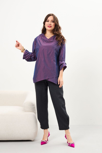 Демисезонная фиолетовая блуза с эффектом хамелеон и запахом Anastasia 959 фиолетовый - фото 3