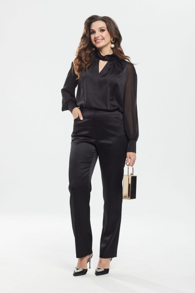 Брюки зауженные из атласа с карманом-хулиганом MALI 321-132 черный - фото 9