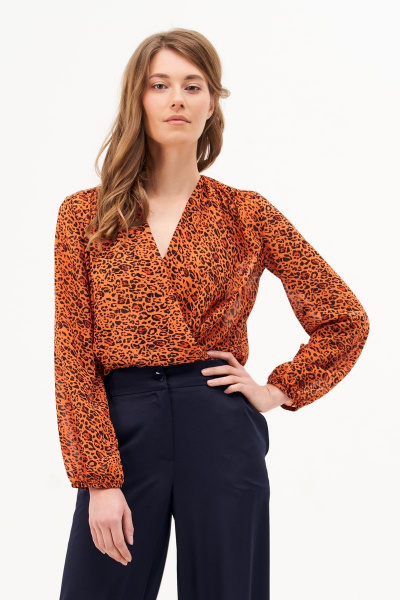 Блуза-боди из шифона с принтом, запах, сборки, складки Condra 16204 терракотовый - фото 1