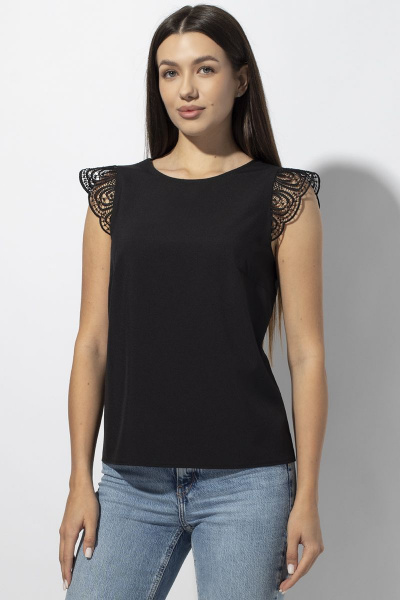 Блуза полуприлегающая с кружевом и кружевным крылышком VIZAVI 673 черный - фото 4