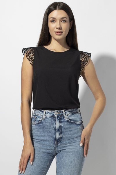 Блуза полуприлегающая с кружевом и кружевным крылышком VIZAVI 673 черный - фото 2