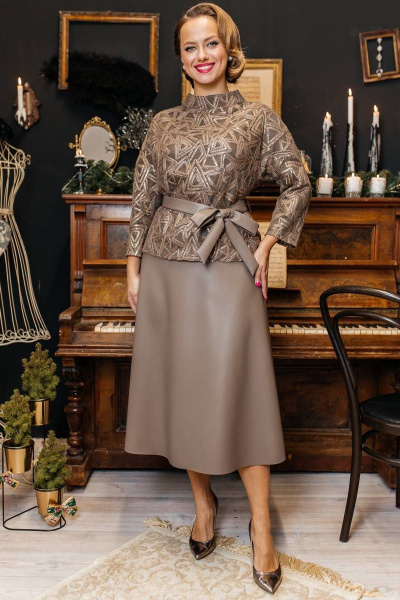 Блуза, юбка Мода Юрс 2718-3 темно-бежевый_пайетки - фото 1