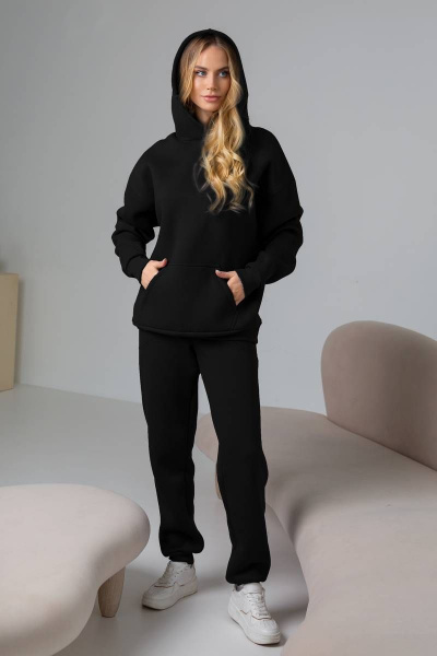 Худи женский из хлопка и трикотажа с капюшоном и накладным карманом Verally 486-1 черный - фото 1