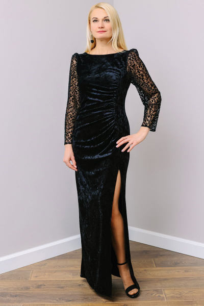 Роскошное бархатное платье с разрезом и сборкой MadameRita 1286 черный - фото 3