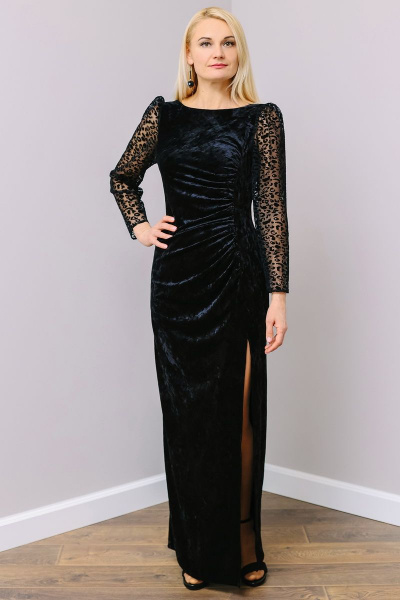 Роскошное бархатное платье с разрезом и сборкой MadameRita 1286 черный - фото 2