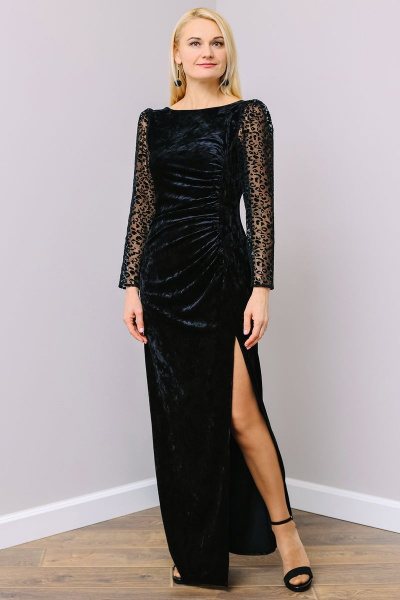 Роскошное бархатное платье с разрезом и сборкой MadameRita 1286 черный - фото 1
