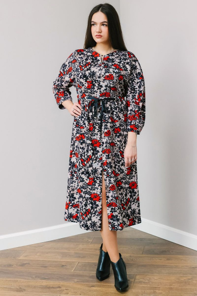 Повседневное трикотажное платье с разрезом и V-образным вырезом MadameRita 1281 принт - фото 3