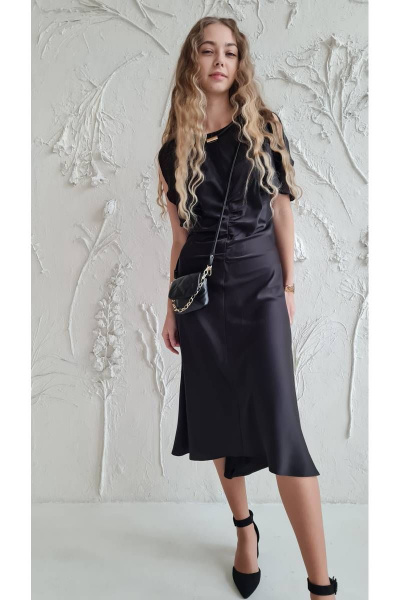 Выходное платье с драпировкой и крыльями из атласа Shymoda 325-22 черный - фото 2