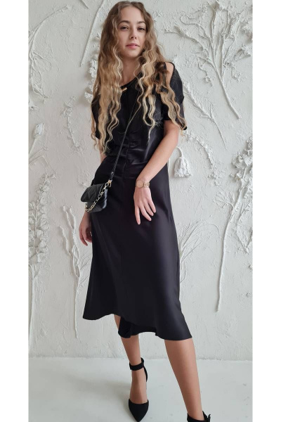 Выходное платье с драпировкой и крыльями из атласа Shymoda 325-22 черный - фото 1