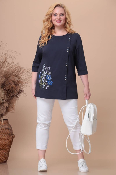 Туника летняя на рост 164 см с вышивкой и отворотом Линия Л Б-1871 тёмно-синий - фото 1