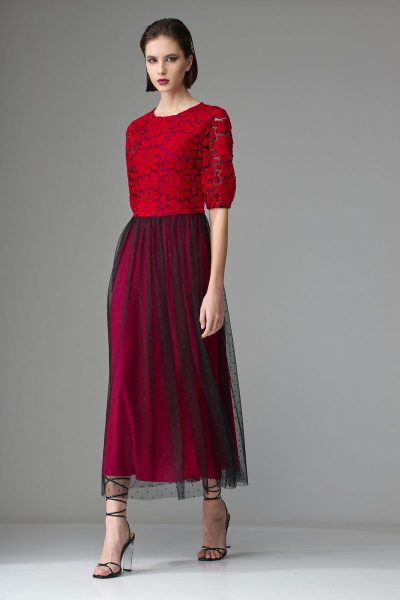 Нарядное платье из кружева и сетки с присборенной талией и удлинением Орхидея 1231-1 алый - фото 5