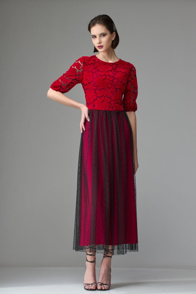 Нарядное платье из кружева и сетки с присборенной талией и удлинением Орхидея 1231-1 алый - фото 4