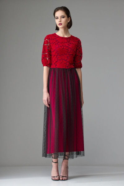 Нарядное платье из кружева и сетки с присборенной талией и удлинением Орхидея 1231-1 алый - фото 3