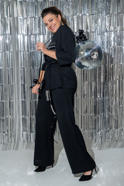 Нарядный костюм: жакет-кимоно и свободные брюки из текстиля Andina 928 черный - фото 2