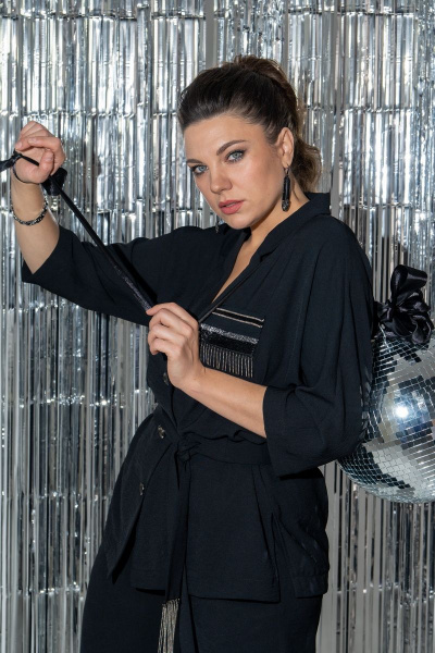 Нарядный костюм: жакет-кимоно и свободные брюки из текстиля Andina 928 черный - фото 7