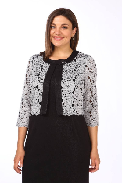 Платье из гипюра и трикотажа с талиевыми вытачками Lady Style Classic 552/1 черный_с_серым - фото 2