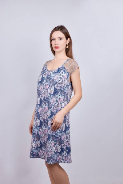 голубая домашняя сорочка с кружевом из вискозы и трикотажа Verally 361-4 пастель - фото 3