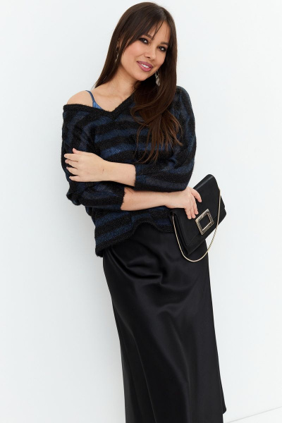 Комплект блуза топ юбка вязаный и текстильный нарядный Магия моды 2201 черный+голубой - фото 7