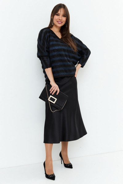 Комплект блуза топ юбка вязаный и текстильный нарядный Магия моды 2201 черный+голубой - фото 1