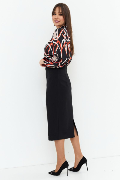 Платье-комплект блуза и юбка приталенные с разрезом Магия моды 2181 черный-оранж - фото 2