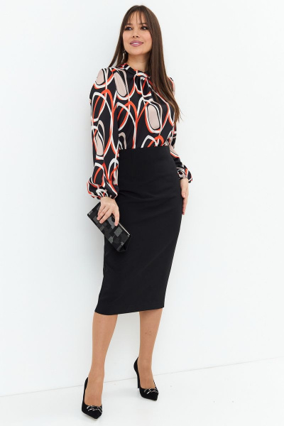 Платье-комплект блуза и юбка приталенные с разрезом Магия моды 2181 черный-оранж - фото 4