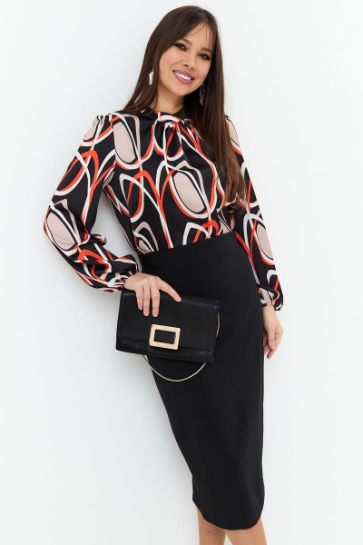 Платье-комплект блуза и юбка приталенные с разрезом Магия моды 2181 черный-оранж - фото 3
