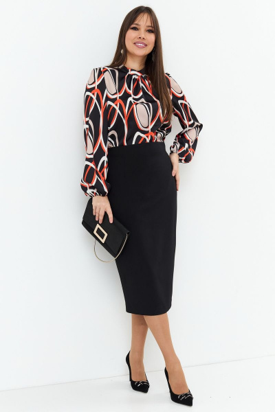 Платье-комплект блуза и юбка приталенные с разрезом Магия моды 2181 черный-оранж - фото 1