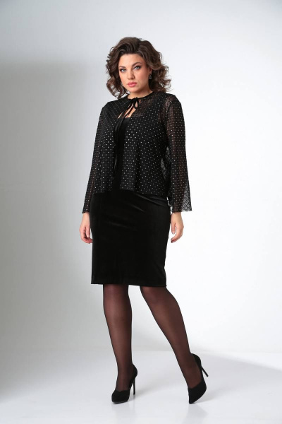 Нарядный комплект из бархатного платья и жакета LadisLine 1439 черный - фото 2