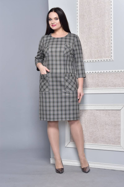 Платье полуприлегающее с накладными карманами и вытачками Lady Style Classic 1513/1 хаки - фото 1