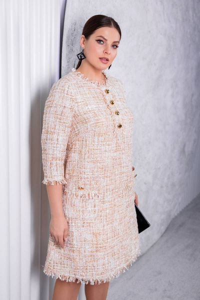 Деловое трапециевидное платье из ткани на пуговицах ASV 2570 бежевый - фото 2
