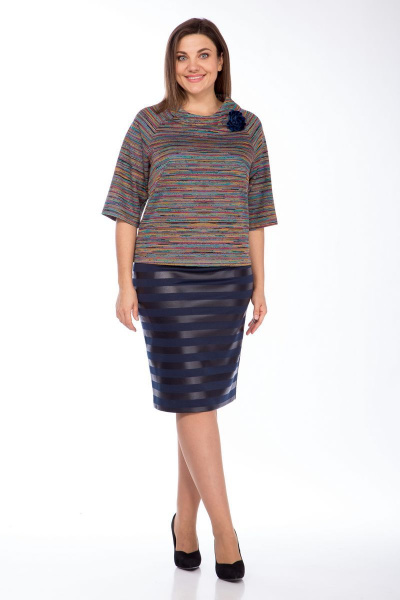 Синяя трикотажная юбка с вставками из экокожи Klever 262 1-синий/полоска - фото 3