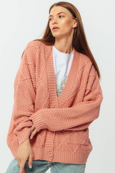 Розовый хлопковый кардиган на пуговицах с V-образным вырезом Romgil 714ХТЗ розово-коралловый - фото 1